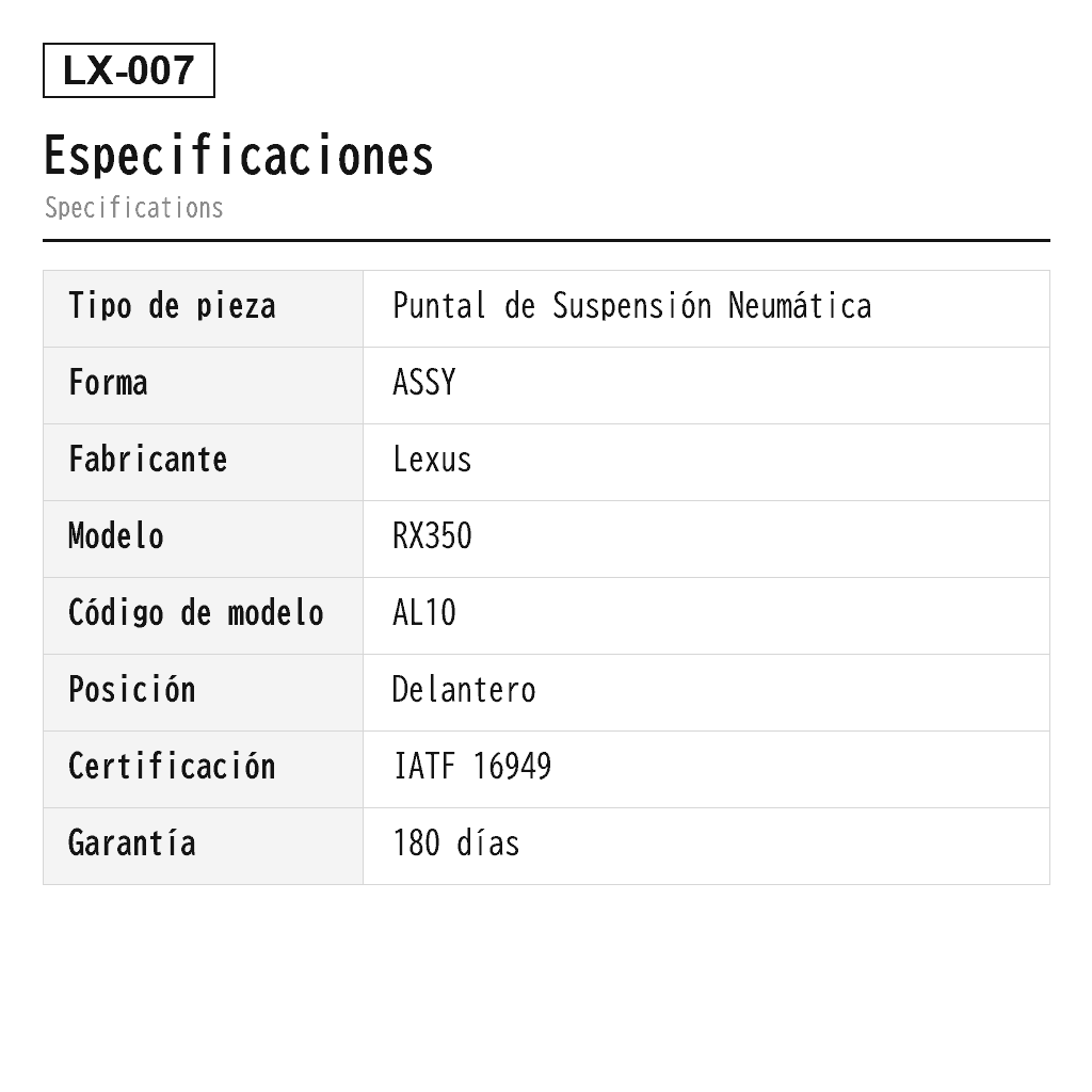 Lexus RX270 RX350 RX450h AL10 2009-2015 Delantero Puntal de Suspensión Neumática (48010-48070, 48010-48071, 48010-48073, 48010-48074, 48010-48075, 48020-48070, 48020-48071, 48020-48075, 48510-48040, 48520-48050) 2