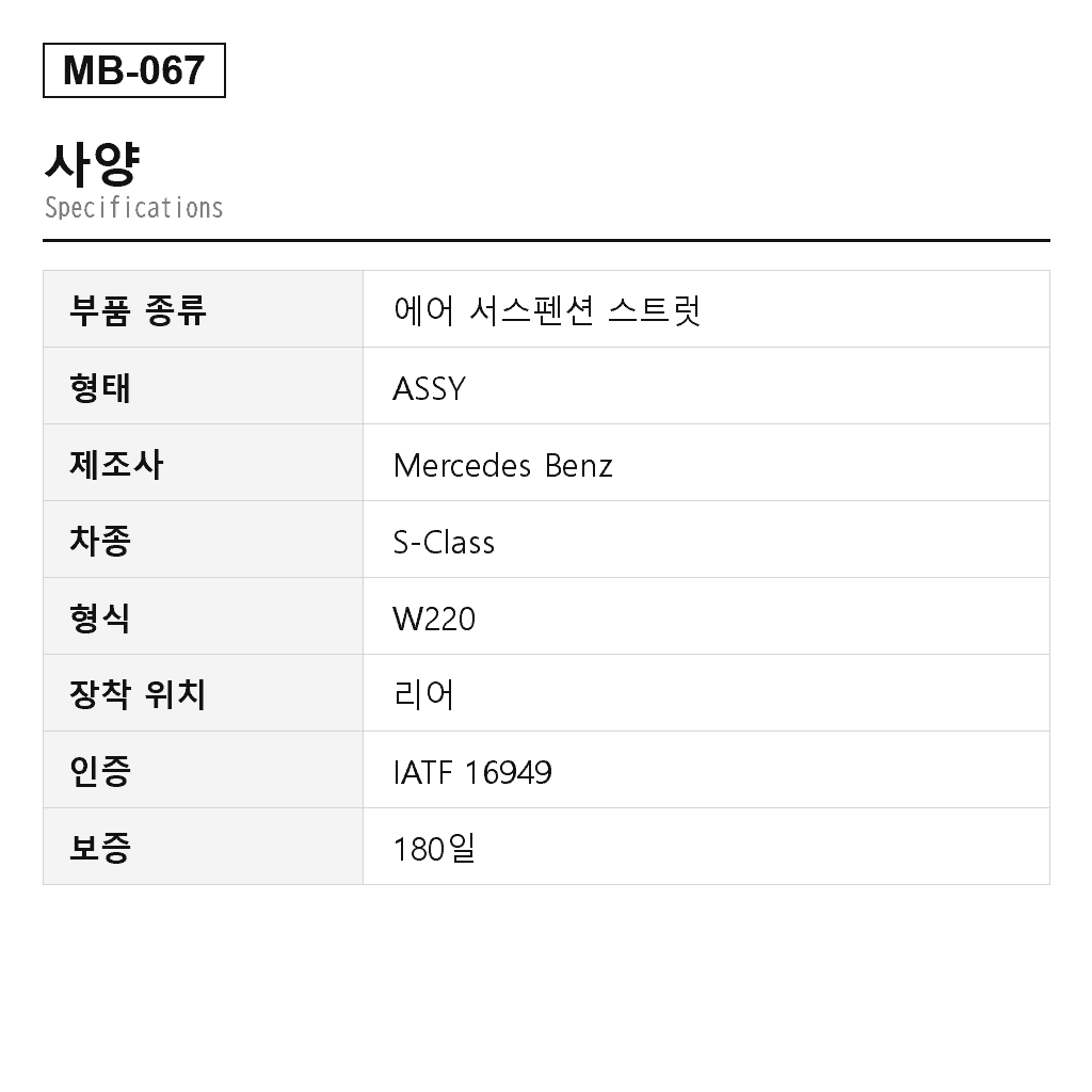 Mercedes Benz S-Class W220 2000-2006 리어 에어 서스펜션 스트럿（220-320-23-38, 2203205013, 2203207838, 220320501360, 220320501380, 220320501388, A2203202338, A2203205013, A220320501360, A220320501380, A220320501388） 2