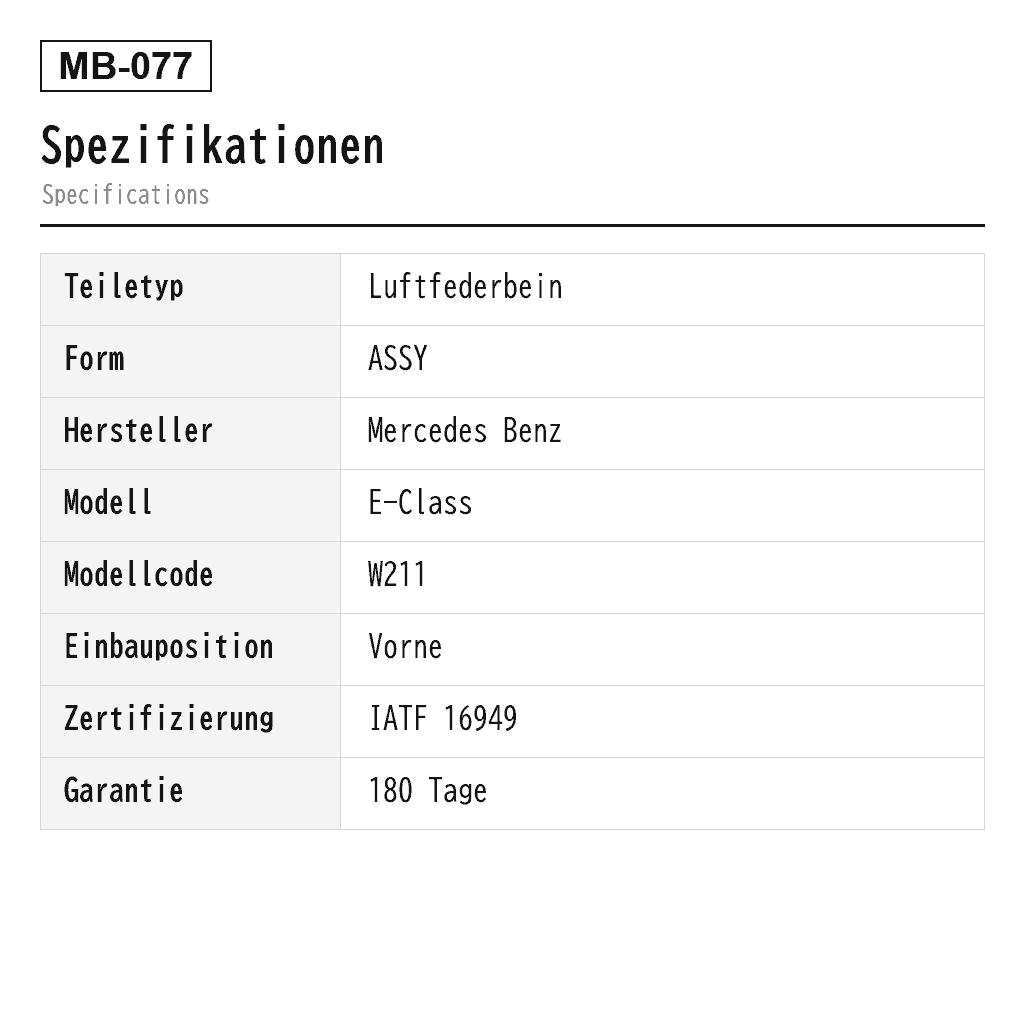 Mercedes Benz E-Class W211 4MATIC 2006-2009 Vorne Luftfederbein (2113201938, 2113202038, 2113202713, 2113202813, 2113209513, 2113209613, A2113201938, A2113202038, A2113202713, A2113202813, A2113209513, A2113209613) 2
