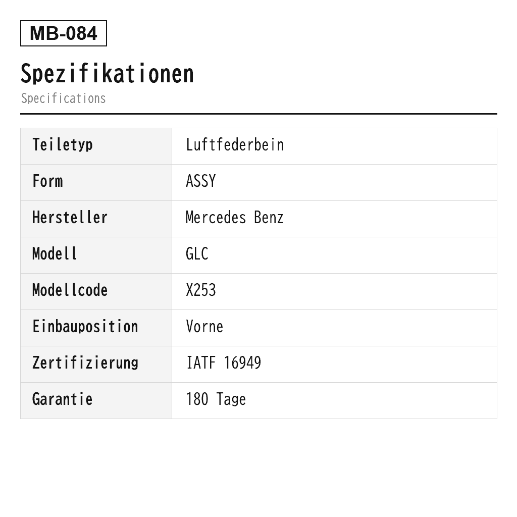Mercedes Benz GLC X253 C253 4MATIC 2016-2020 Vorne Luftfederbein (2533200338, 2533200401, 2533200438, 2533200501, 2533200601, 2533200701, 2533202438, 2533203800, 2533205700, 2533205800, 2533206700, 2533206800, 2533206901, 2533207001, 2533207200, 2533207300, 2533207900, 2533207901, 2533208000, 2533208001, A2533200338, A2533200401, A2533200438, A2533200501, A2533200601, A2533200701, A2533202438, A2533203800, A2533205700, A2533205800, A2533206700, A2533206800, A2533206901, A2533207001, A2533207300, A2533207900, A2533207901, A2533208000, A2533208001) 2