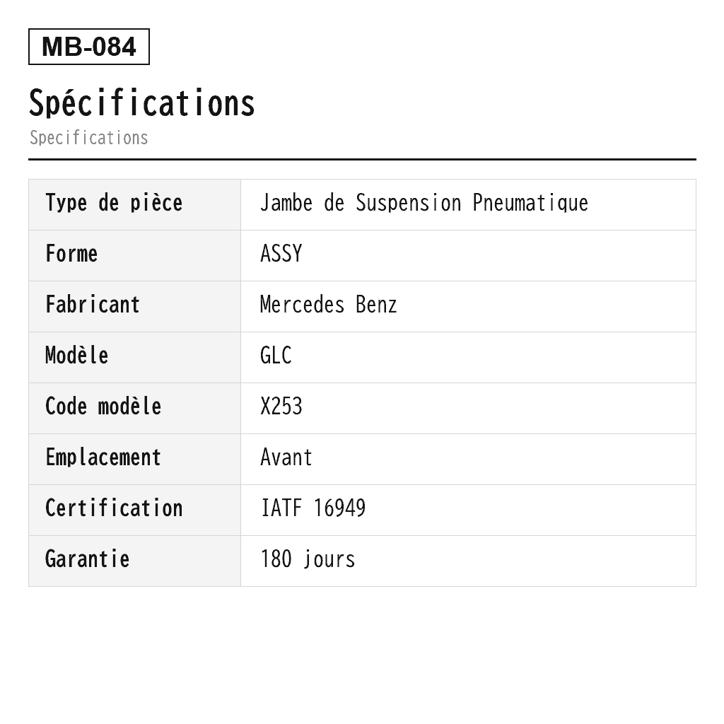 Mercedes Benz GLC X253 C253 4MATIC 2016-2020 Avant Jambe de Suspension Pneumatique (2533200338, 2533200401, 2533200438, 2533200501, 2533200601, 2533200701, 2533202438, 2533203800, 2533205700, 2533205800, 2533206700, 2533206800, 2533206901, 2533207001, 2533207200, 2533207300, 2533207900, 2533207901, 2533208000, 2533208001, A2533200338, A2533200401, A2533200438, A2533200501, A2533200601, A2533200701, A2533202438, A2533203800, A2533205700, A2533205800, A2533206700, A2533206800, A2533206901, A2533207001, A2533207300, A2533207900, A2533207901, A2533208000, A2533208001) 2