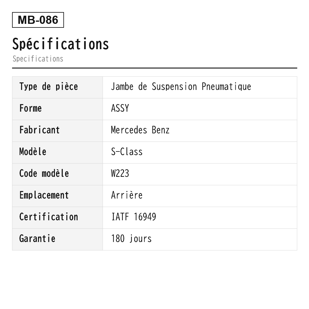 Mercedes Benz S-Class W223 Arrière Jambe de Suspension Pneumatique (2233204101, 2233204201, 2233207203, 2233207204, 2233209703, 2233209813, A2233207103) 2