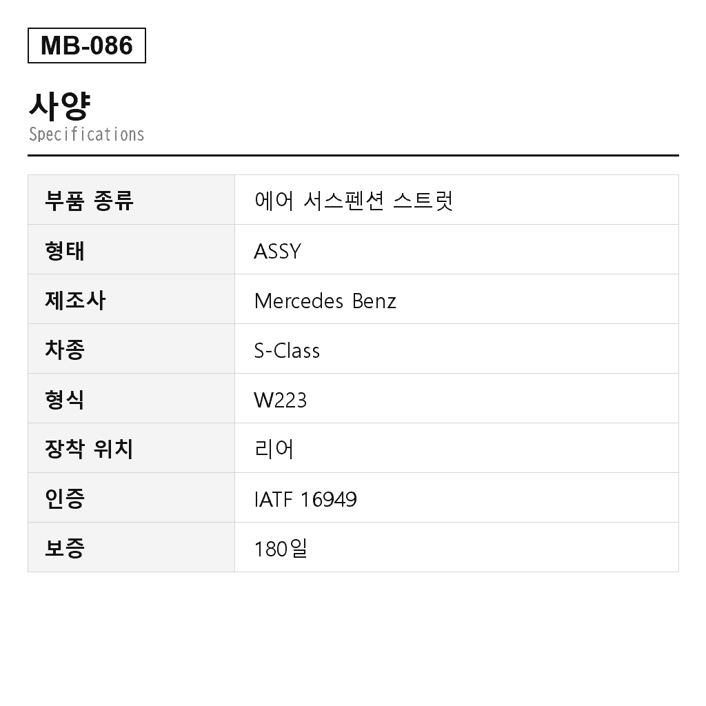 Mercedes Benz S-Class W223 리어 에어 서스펜션 스트럿（2233204101, 2233204201, 2233207203, 2233207204, 2233209703, 2233209813, A2233207103） 2