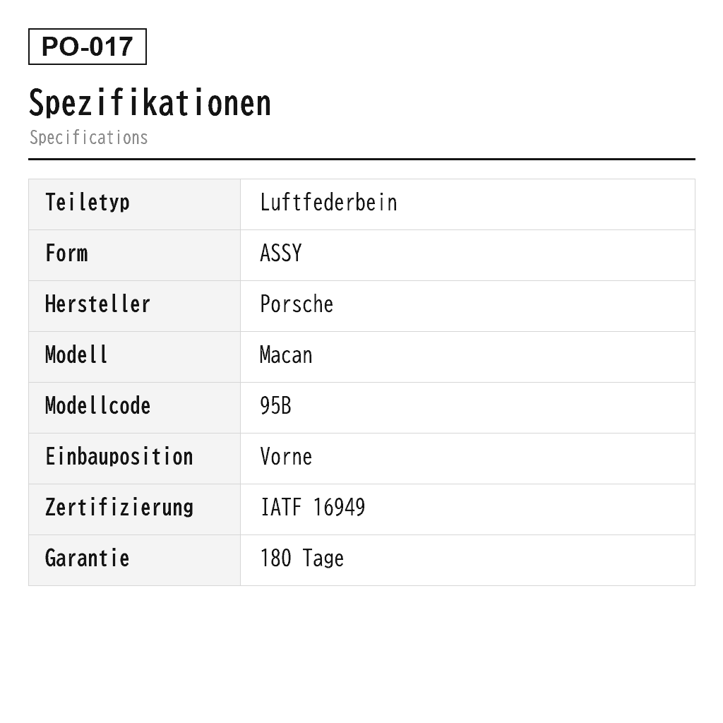 Porsche Macan 95B 2015-2020 Vorne Luftfederbein (95B616039, 95B616039A, 95B616039C, 95B616039D, 95B616039E, 95B616039F, 95B616039G, 95B616039H, 95B616039J, 95B616039K, 95B616039P, 95B616039R, 95B616039S, 95B616039T) 2
