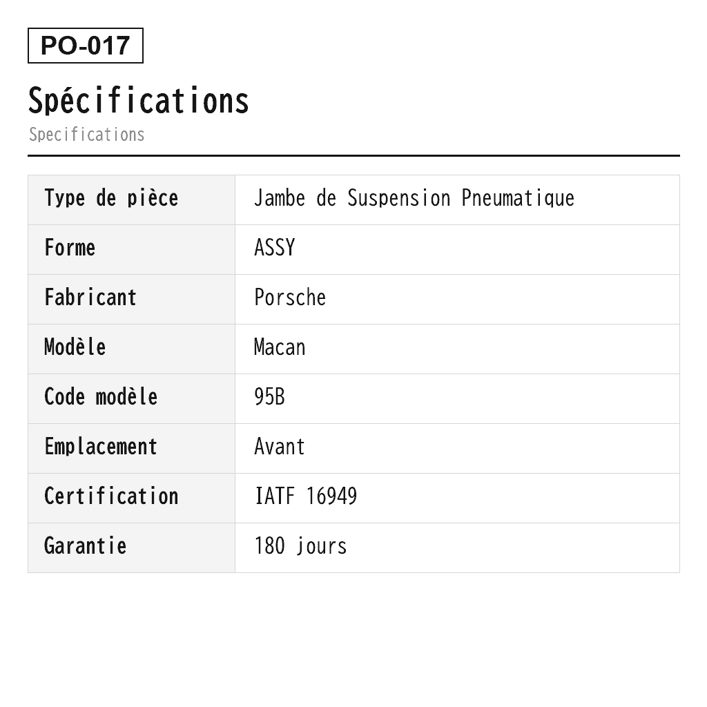 Porsche Macan 95B 2015-2020 Avant Jambe de Suspension Pneumatique (95B616039, 95B616039A, 95B616039C, 95B616039D, 95B616039E, 95B616039F, 95B616039G, 95B616039H, 95B616039J, 95B616039K, 95B616039P, 95B616039R, 95B616039S, 95B616039T) 2