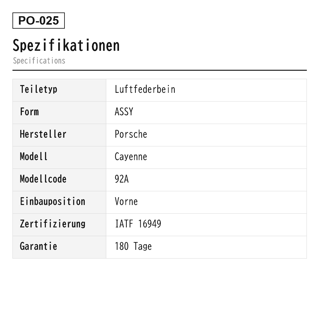 Porsche Cayenne 92A 2011-2017 Vorne Luftfederbein (95834305100, 95834305102, 95834305110, 95834305113, 95834305120, 95834305130, 95834305200, 95834305202, 95834305210, 95834305213, 95834305220, 95834305230, 95835803900, 95835803901, 95835803902, 95835803903, 95835803904, 95835803905, 95835803906, 95835803910, 95835803911, 95835803912, 95835803913, 95835803914, 95835803915, 95835803916, 95835803917, 95835803920, 95835803921, 95835803922, 95835803940, 95835804000, 95835804001, 95835804002, 95835804003, 95835804004, 95835804005, 95835804006, 95835804010, 95835804011, 95835804012, 95835804013, 95835804014, 95835804015, 95835804016, 95835804017, 95835804020, 95835804021, 95835804022, 95835804040) 2