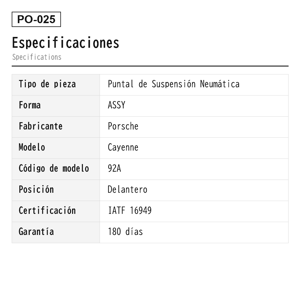 Porsche Cayenne 92A 2011-2017 Delantero Puntal de Suspensión Neumática (95834305100, 95834305102, 95834305110, 95834305113, 95834305120, 95834305130, 95834305200, 95834305202, 95834305210, 95834305213, 95834305220, 95834305230, 95835803900, 95835803901, 95835803902, 95835803903, 95835803904, 95835803905, 95835803906, 95835803910, 95835803911, 95835803912, 95835803913, 95835803914, 95835803915, 95835803916, 95835803917, 95835803920, 95835803921, 95835803922, 95835803940, 95835804000, 95835804001, 95835804002, 95835804003, 95835804004, 95835804005, 95835804006, 95835804010, 95835804011, 95835804012, 95835804013, 95835804014, 95835804015, 95835804016, 95835804017, 95835804020, 95835804021, 95835804022, 95835804040) 2