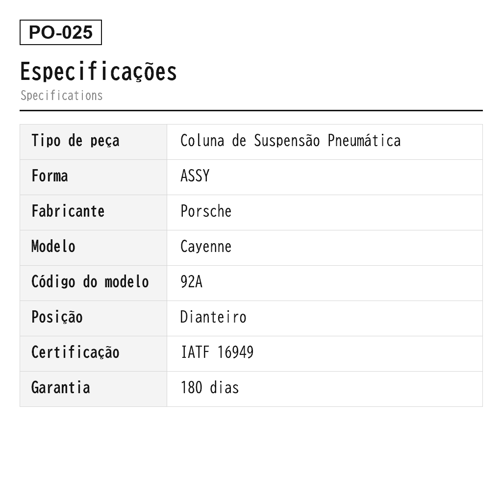 Porsche Cayenne 92A 2011-2017 Dianteiro Coluna de Suspensão Pneumática (95834305100, 95834305102, 95834305110, 95834305113, 95834305120, 95834305130, 95834305200, 95834305202, 95834305210, 95834305213, 95834305220, 95834305230, 95835803900, 95835803901, 95835803902, 95835803903, 95835803904, 95835803905, 95835803906, 95835803910, 95835803911, 95835803912, 95835803913, 95835803914, 95835803915, 95835803916, 95835803917, 95835803920, 95835803921, 95835803922, 95835803940, 95835804000, 95835804001, 95835804002, 95835804003, 95835804004, 95835804005, 95835804006, 95835804010, 95835804011, 95835804012, 95835804013, 95835804014, 95835804015, 95835804016, 95835804017, 95835804020, 95835804021, 95835804022, 95835804040) 2