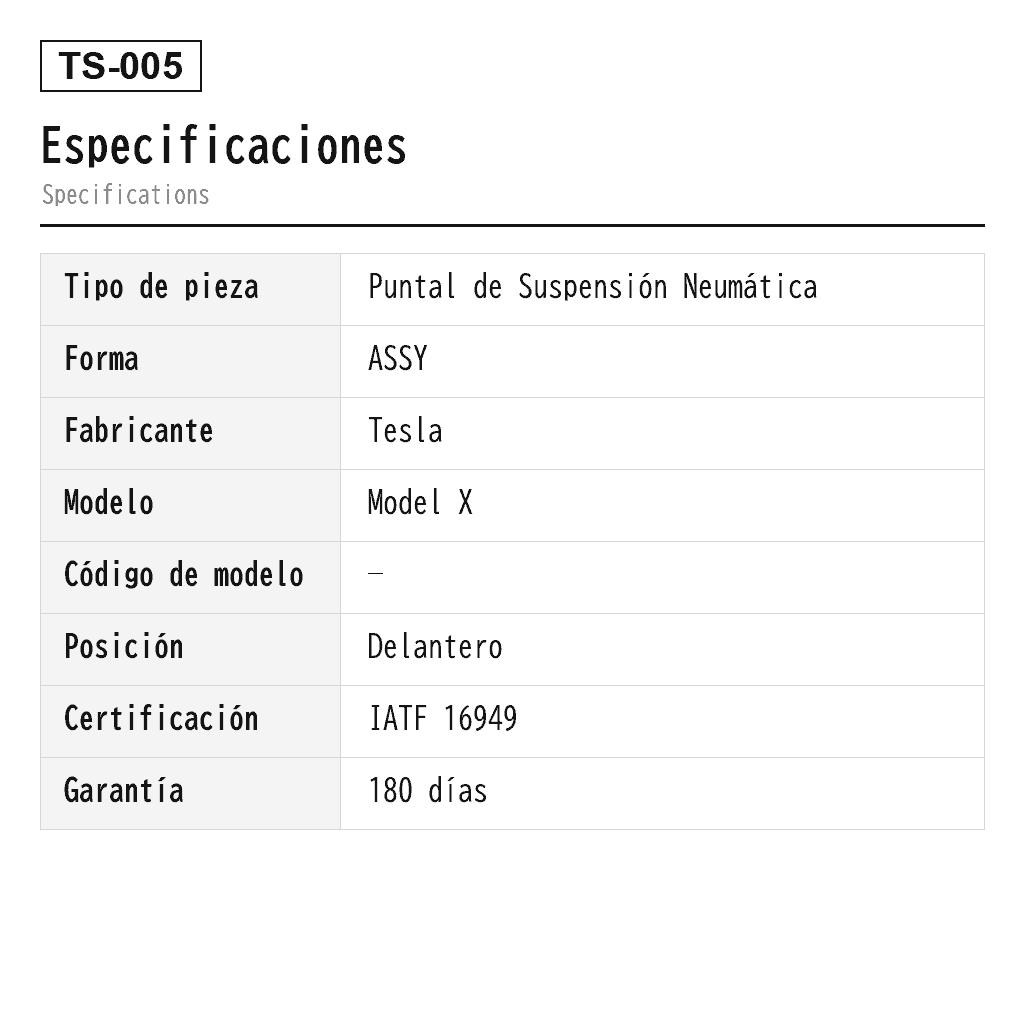 Tesla Model X 2016-2019 Delantero Puntal de Suspensión Neumática (102736100G, 102706100D, 102736125E, 102706600D) 2