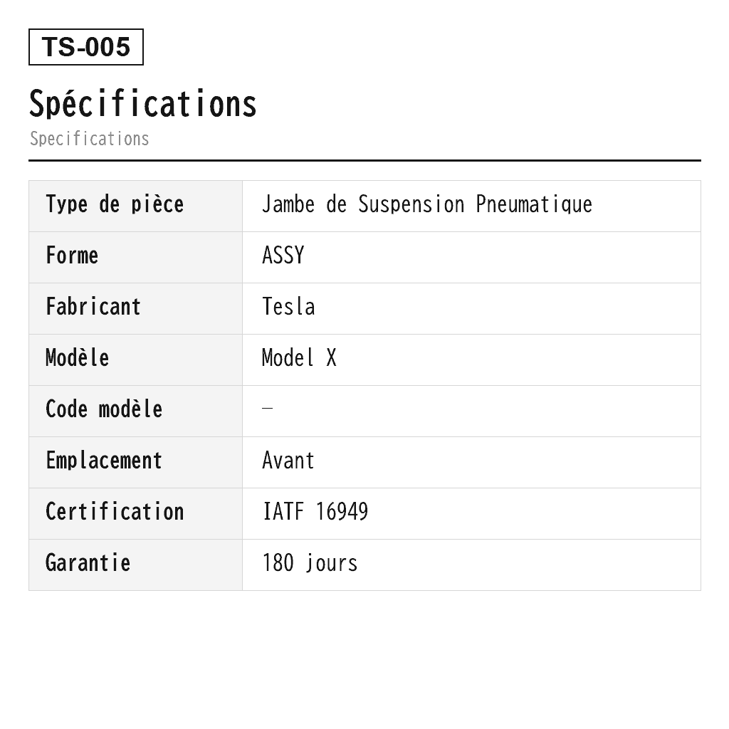 Tesla Model X 2016-2019 Avant Jambe de Suspension Pneumatique (102736100G, 102706100D, 102736125E, 102706600D) 2