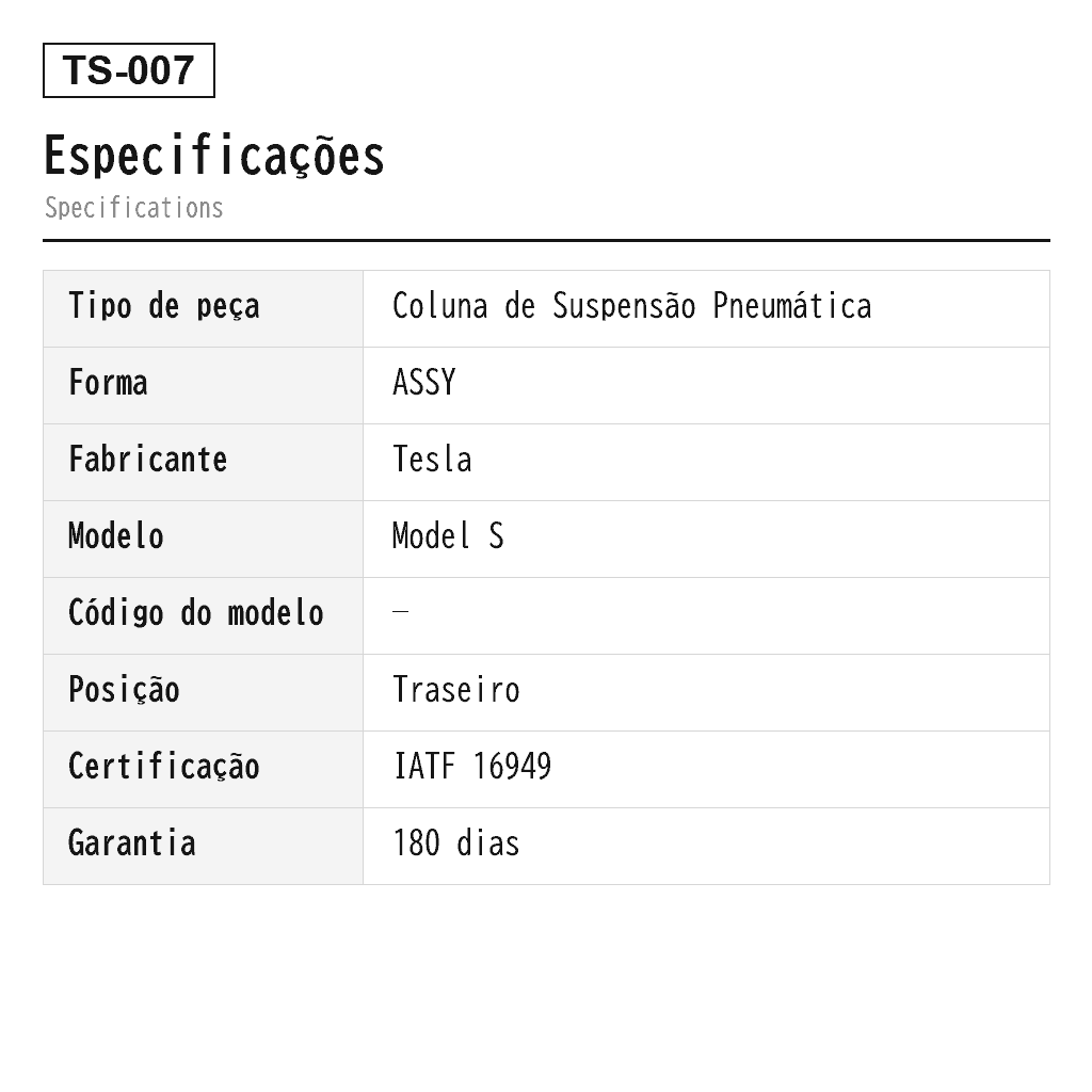 Tesla Model S 2016-2021 Traseiro Coluna de Suspensão Pneumática (1067461-00-C, 1067461-00-D, 1067461-25-C, 1067461-26-B, 1067466-00-C, 1067466-00-D, 1067466-25-C, 1067466-26-B) 2