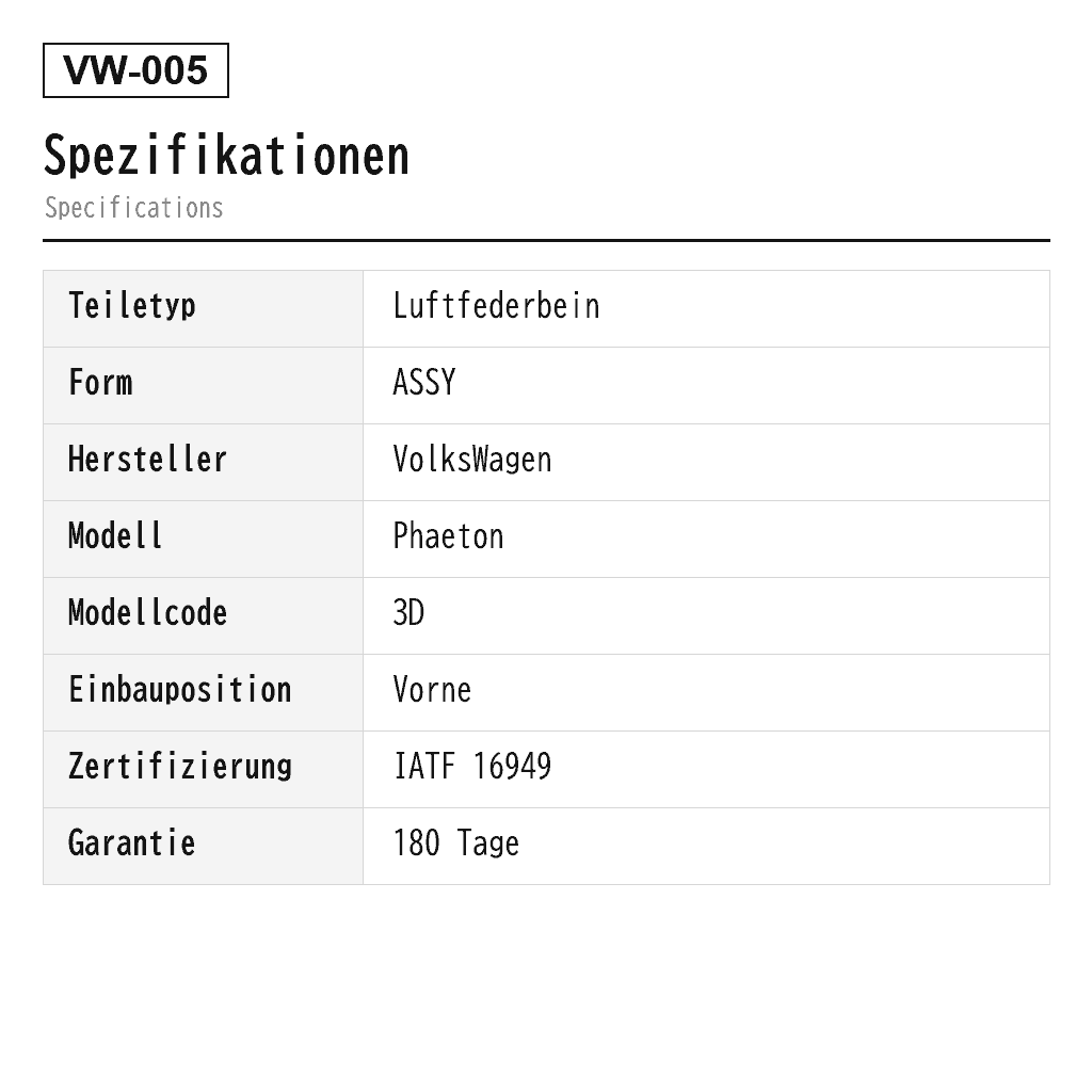 VolksWagen Phaeton 3D 2003-2012 Vorne Luftfederbein (3D0616039, 3D0616039AA, 3D0616039AB, 3D0616039AC, 3D0616039G, 3D0616039L, 3D0616039M, 3D0616039N, 3D0616039P, 3D0616039S, 3D0616039T, 3D0616040, 3D0616040AA, 3D0616040AB, 3D0616040AC, 3D0616040AD, 3D0616040G, 3D0616040L, 3D0616040M, 3D0616040N, 3D0616040S, 3D0616040T, 3D5616039, 3D5616040, 3D7616039, 3D7616040, 3W0616039, 3W0616039C, 3W0616039D, 3W0616039H, 3W0616039J, 3W0616039K, 3W0616040, 3W0616040C, 3W0616040D, 3W0616040H, 3W0616040J, 3W0616040K, 3W5616039, 3W5616039A, 3W5616039C, 3W5616040, 3W5616040A, 3W5616040C, 3W7616039, 3W7616040, 3W8616039, 3W8616040) 2