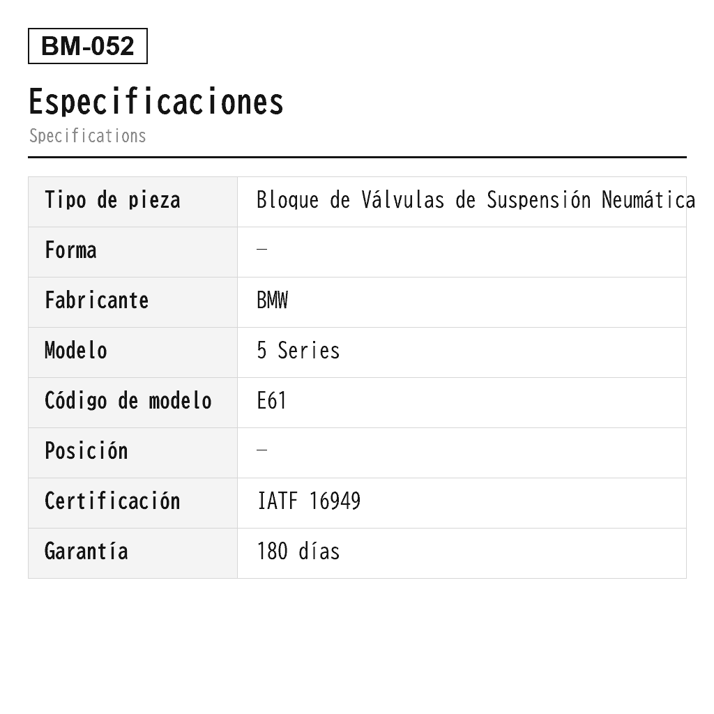 BMW 5 Series E61 2006-2010 Bloque de Válvulas de Suspensión Neumática (2283100, 37106769082, 37106775015, 37106777827, 37106785505, 37106789937, 37202283100, 37206765094, 37206789937, 37206789938, 37206799419, 37206859701, 37206859714, 37226775479, 37226785506, 6765094, 6769082, 6775015, 6775479, 6777827, 6785505, 6785506, 6789937, 6789938, 6799419, 6859714) 2
